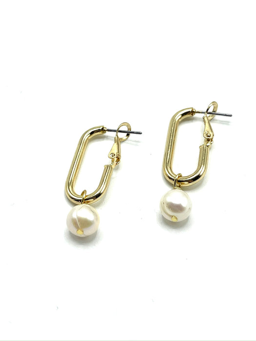 Oblong hoops with pearl dangle