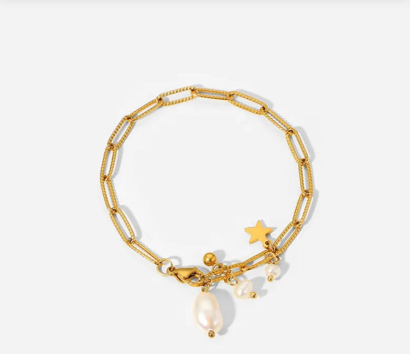 Gold Paperclip bracelet with freshwater pearls and star dangles