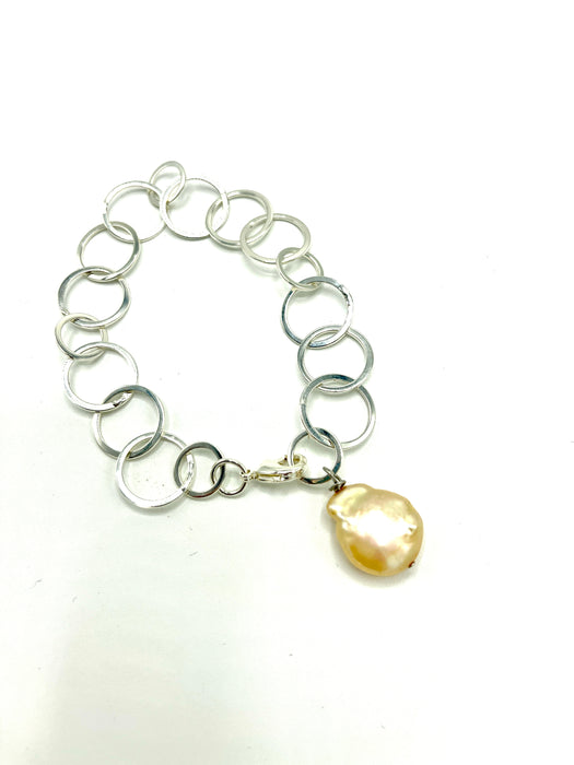 Silver ring bracelet with freshwater pearl dangle