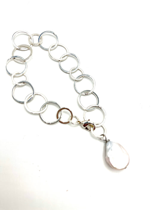 Silver ring bracelet with freshwater pearl dangle