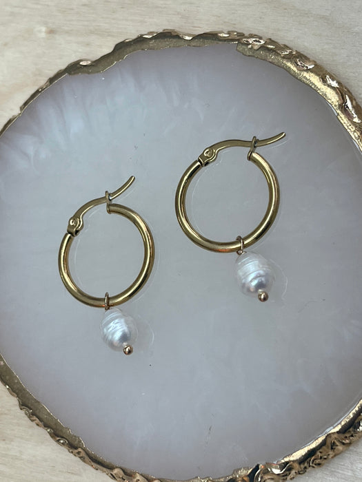 Gold coloured hoops with pearl dangle