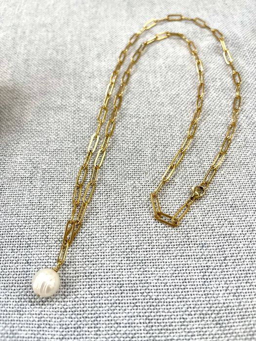 Long gold paperclip necklace with white freshwater pearl