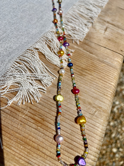 Coloured freshwater pearl and love bead necklace