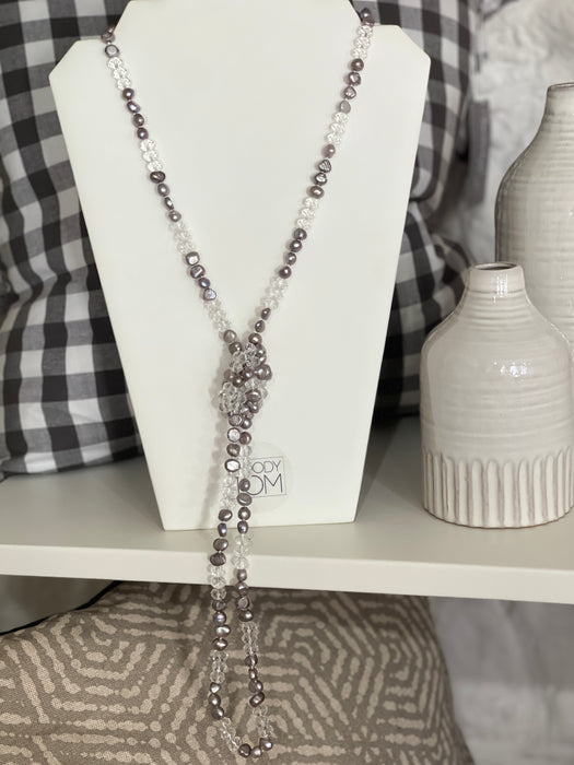 Silver freshwater pearl and crystal opera necklace
