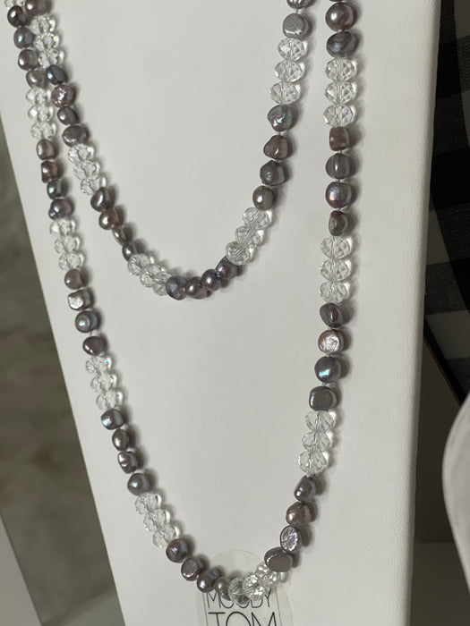 Silver freshwater pearl and crystal opera necklace