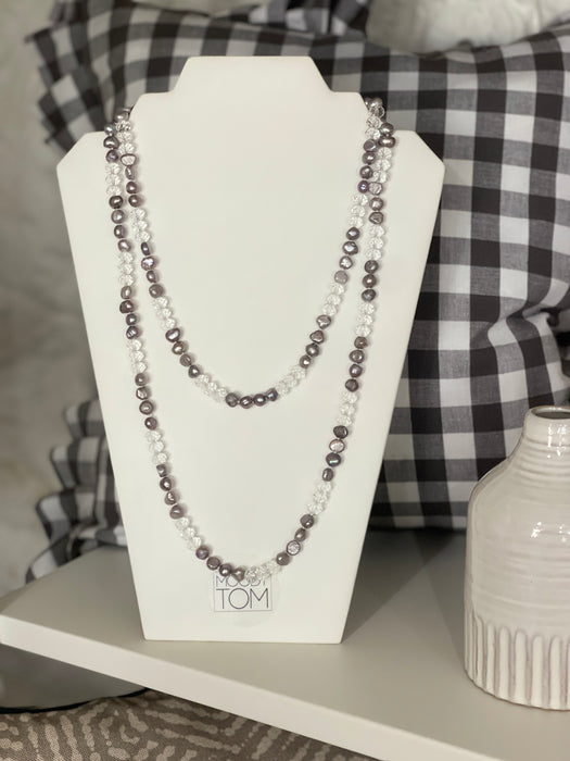 Silver freshwater pearl and crystal opera necklace