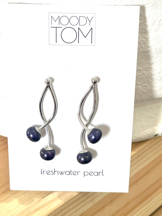 Sterling silver vine earring with dark freshwater pearls