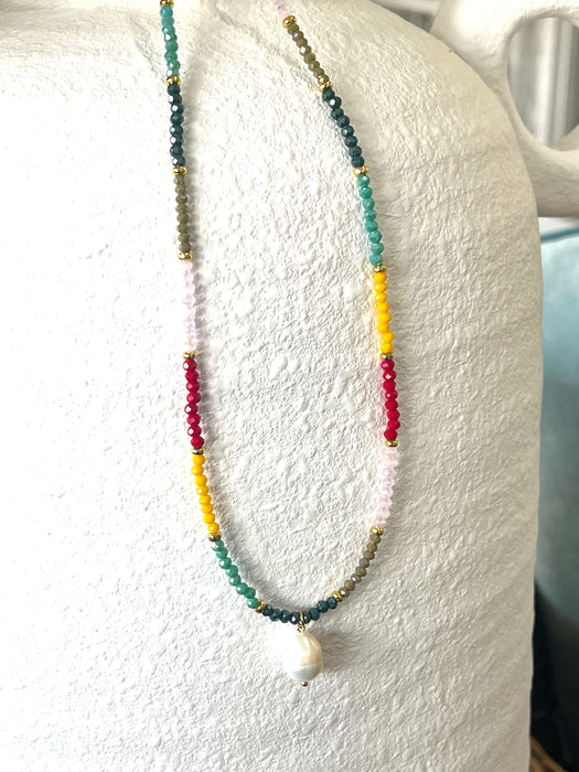 Colourful necklace with freshwater pearl drop