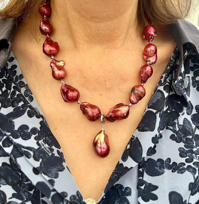 Autumn red large baroque pearl necklace